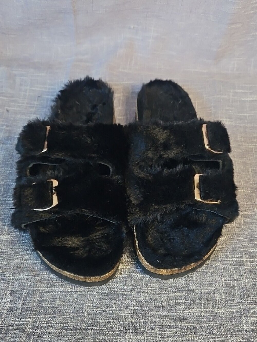 Women's Black Fuzzy Double-Buckle Slide Sandals - Picture 4 of 5